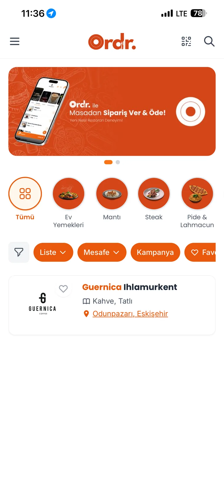 Ordr. uygulamasında restoran keşfet ekranı